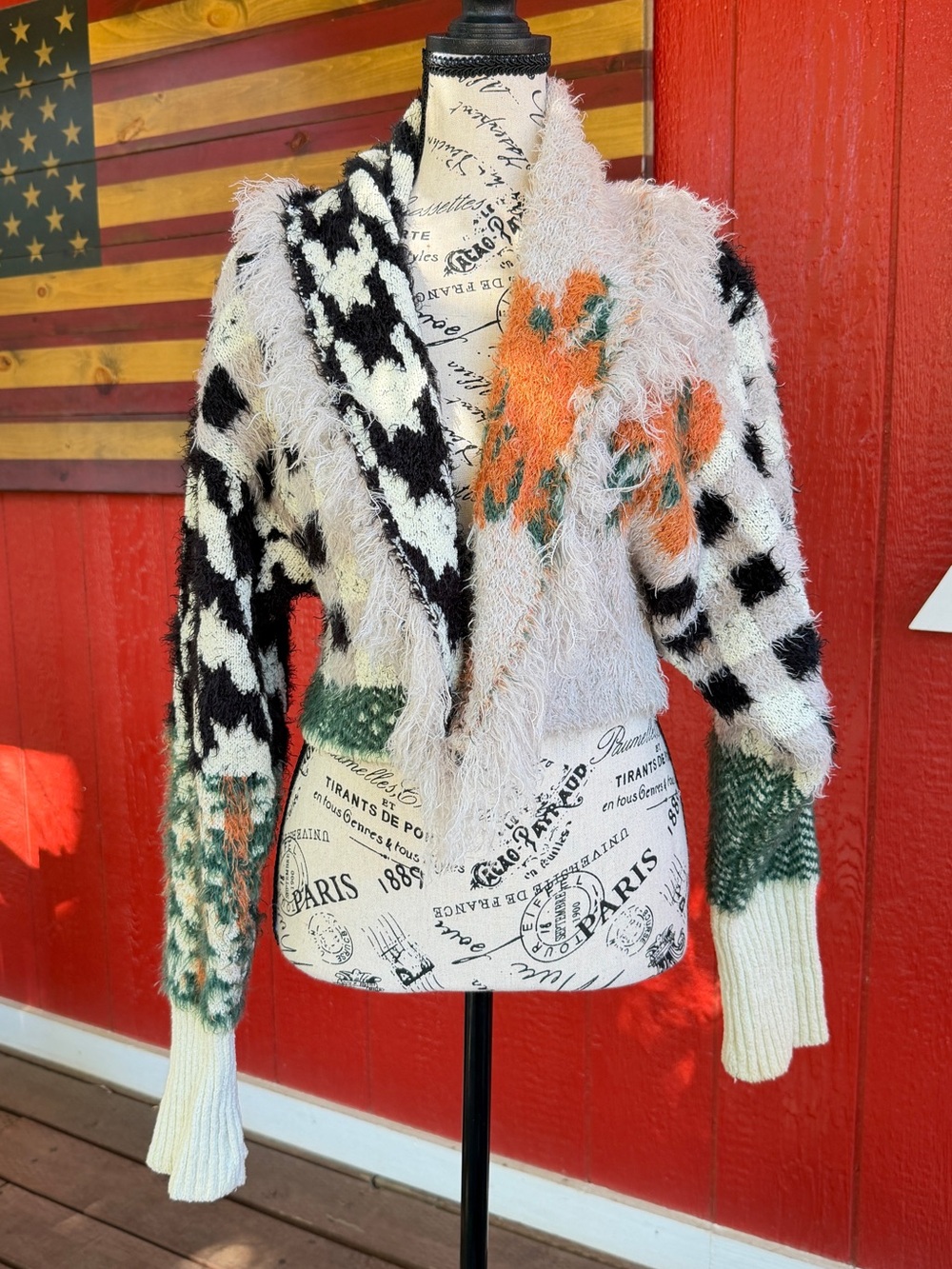 Urban Outfitters Mixed Pattern Eyelash Knit Cropped Cardigan Sweater - Picture 2 of 5